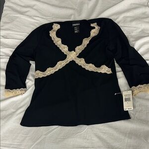 Barba Black Top with Cream Lace Accents